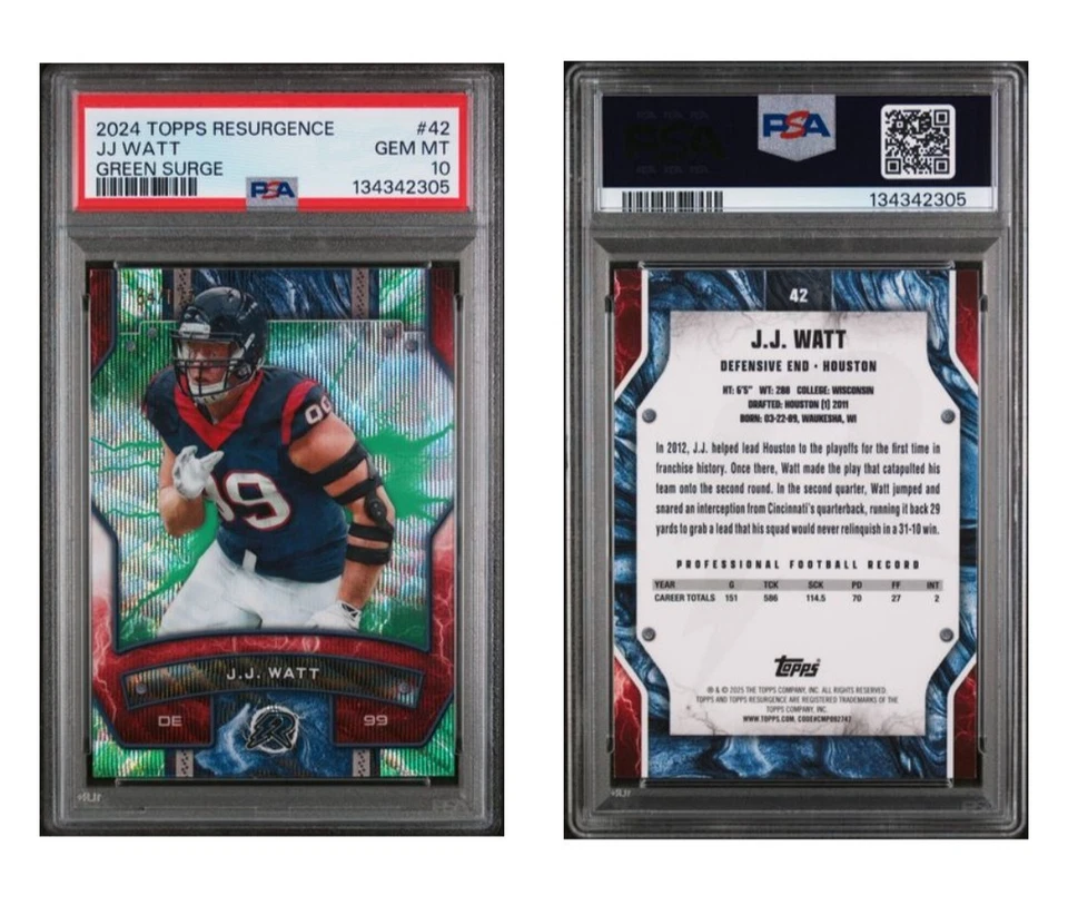 J.J. Watt/175 Green Surge Refractor 2025 Topps Resurgence #42 PSA 10 Pop 1 Foto 1 de 1