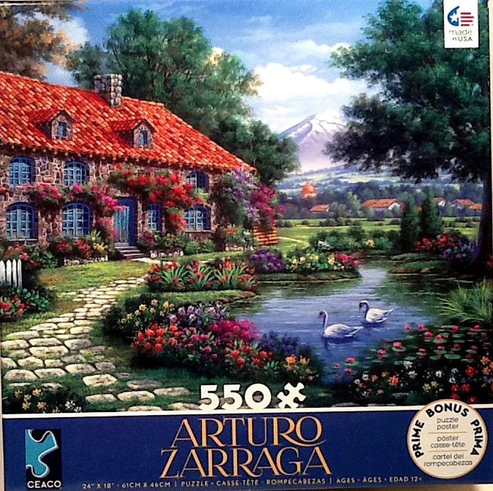 Cobble Stone Path Cottage Mountain View Swans Pond Flowers 550 24X18 Puzzle - Image 1 of 1