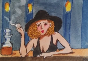 ACEO Original - a Smoking Girl in the Bar - Watercolor 2.5 x 3.5 Signed - Picture 1 of 4