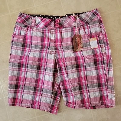 NOBO No Boundaries Cotton Bermuda Shorts Women's Juniors 15 Plaid Pink Brown NEW - Image 1 of 3