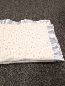 Vintage Rare Baby Blanket Reversible Blue Yellow Moon Stars Dots  Satin Trim  - Picture 1 of 13