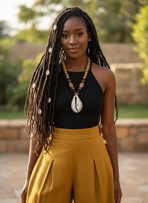 Handmade African Cowrie Shell Statement Necklace Wood Beads Ethnic Gift 24" - Image 1 of 4