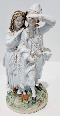 Antigua estatuilla grande Staffordshire de pareja victoriana joven ~C1880 ~13 3/4" T Foto 1 de 4