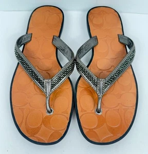 Coach Laurel Leather Size 6 Flip Flop Silver Beaded Sandals Thongs - Picture 1 of 4