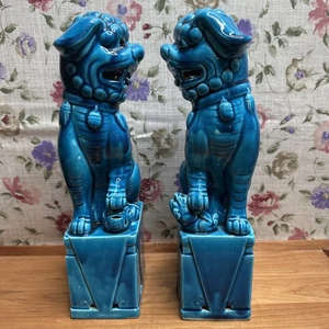 Juego de 2 Estatua De Porcelana Esmaltada Turquesa Perro Foo Chino De Colección 12" - Imagen 1 de 7