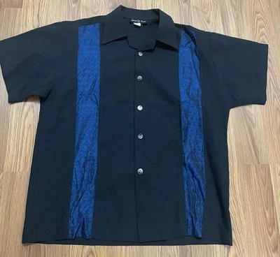 Vintage Johnny Suede Shirt Mens Medium Black Blue Bowling Camp Collar Made USA - Image 1 of 4