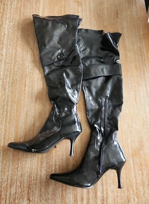 NEW Black Thigh High Boots Faux Patent Leather 3" High Heel 5.5 Over Knee 5 1/2 - Image 1 of 3