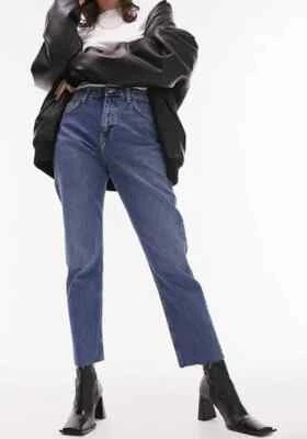 Nuevos pantalones de mezclilla para mujer Topshop con dobladillo crudo recortados pierna recta 26 x 30 azul Foto 1 de 4