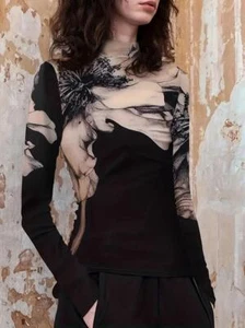 Fashion Women Floral Graphic Mock Neck T-Shirt Elegant Long Sleeve Black Vintage - Picture 1 of 3