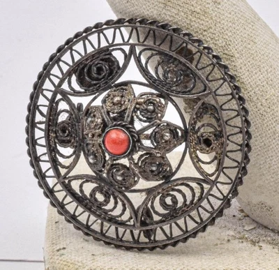 Vintage Sterling Silver made in Israel Coral Stone Filigree Wire Work Brooch Pin - Image 1 of 4