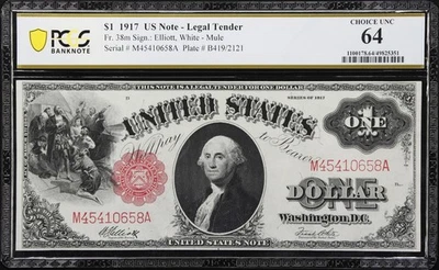 Fr. 38m. 1917 $1 Legal Tender Note. Mule. PCGS Banknote Choice Uncirculated 64. - Image 1 of 2