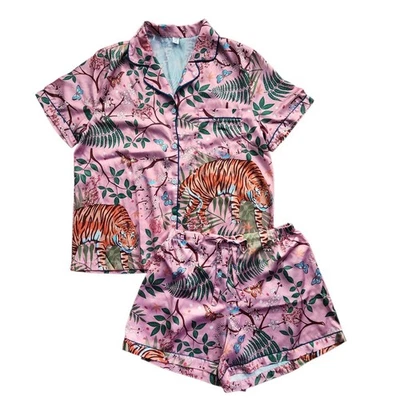 Conjunto de pijama corto de 2 piezas satinado sedoso tigre estampado animal talla S rosa coral Foto 1 de 4