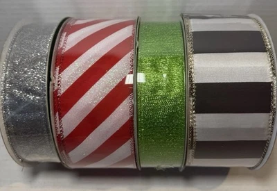 Christmas Wired Ribbon Vibrant Red Green Silver Christmas Stripes 20 yards total - Image 1 of 4