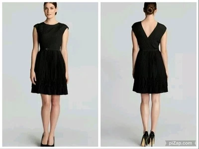 Vestido Ted Baker 3 EE. UU. 8 Terna Negro Plisado Cinturón Manga Gorra Espalda en V LBD Foto 1 de 4
