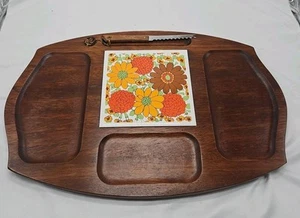 Vintage Retro Wood Cheese Board Tray Floral Pattern Ceramic Gail Craft 1970's - Picture 1 of 19