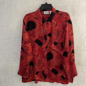 Chico's Womans Button Up Top Red Geometric Large Silk Long Sleeve Collared - Picture 1 of 6