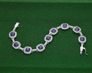 1.510CT Round Cut Lab Grown Diamond Blue Sapphire Bracelets 14K Solid White Gold - Picture 1 of 9