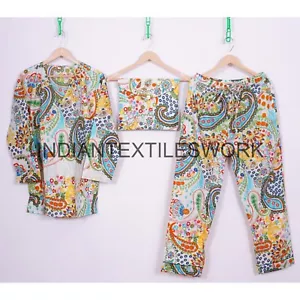 Indian Cotton Multi Color Paisley Print PJ Set Women's Sleepwear Night Suit US - Picture 1 of 5