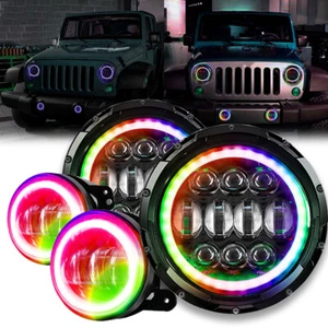 7'' RGB Muti-Color LED Halo Headlights Fog Lights Combo Kit for Jeep Wrangler JK - Picture 1 of 14