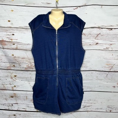 Fabletics XXL/1X Indigo Blue Terry Knit Denim Zip Front One Piece Shorts Romper - Image 1 of 3