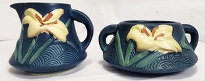 Vintage Roseville Keramik blaue Zypher Lilie 7-C Milchkännchen & Zuckerdose 7-S TOP - Bild 1 von 3