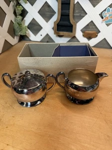 Vintage Academy Silber Teller auf Kupfer Milchkännchen und Zuckerdose in Box - Bild 1 von 5