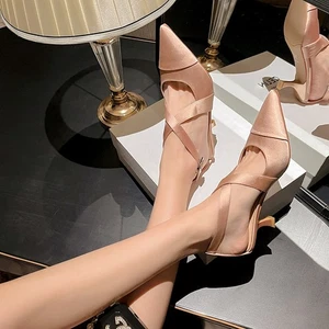 Womens Summer New Sandals Pointed Toes High Heels Thin Heels Satin Buckle Shoes - Picture 1 of 9