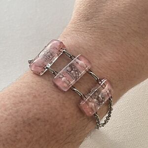 Artisan Fused Glass Pink Purple Clear Silver Tone Chain Bracelet Adjustable