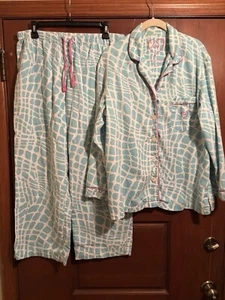 Lot/2 prs M Victoria Secret Flannel Pajama Sets Pink & Aqua Drawstring Elastic - Picture 1 of 4