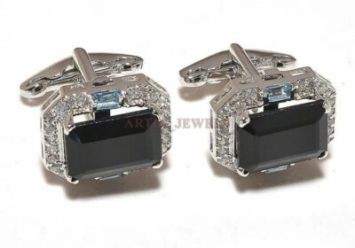 Gemelos De Ónix Negro Natural Y Topacio Azul Con Plata Esterlina 925 #2363 - Imagen 1 de 3