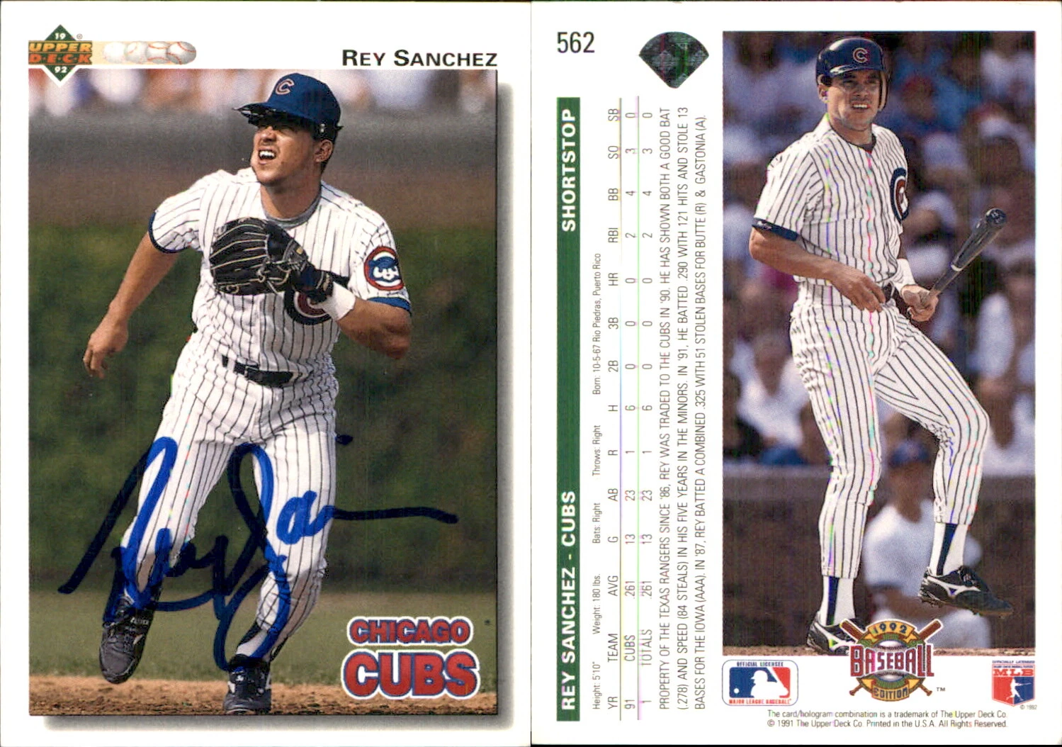 Rey Sanchez Signed 1992 Upper Deck #562 Card Chicago Cubs Auto AU