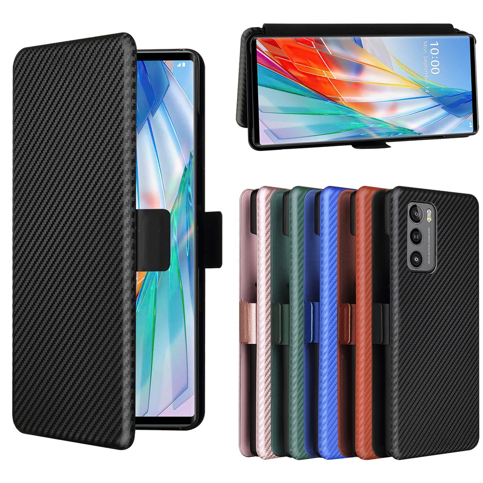 For LG Wing 5G, Luxury Carbon Fiber Flip Leather Wallet Card Full Cover Case - Image 1 of 4