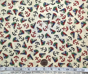 Leslie Beck Sailboats Anchors Fabric BTY Cranston Fabrics Nautical - Picture 1 of 1