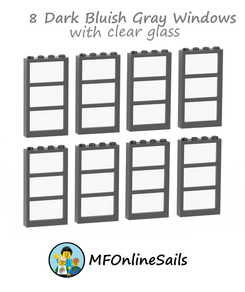 8 marcos de ventana grises LEGO 3 secciones con vidrio transparente 1x4x6 pc# 57894 Foto 1 de 1