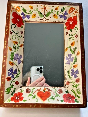 Vintage Salzburg Austria Hand Painted Folk Art Flowers Wood Mirror Marked Cover