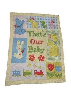 Vtg 1980’s That’s Our Baby Blanket Yellow Trim Bunny Bear Ducks Train Lovey - Picture 1 of 4