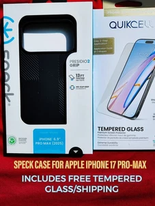 FOR APPLE IPHONE 17 PRO MAX SPECK PRESIDO2 GRIP BLACK CASE NEW/W-TEMPERED GLASS - Picture 1 of 6