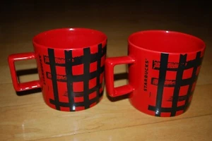 Starbucks 2016 Coffee Mug Red Black Plaid Checkered 14oz Holiday Cups (Set of 2) - Picture 1 of 6