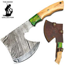 BC AXDB-34A 10" Damascus Blade Bone Collector Green Wood Handle Axe with Leather