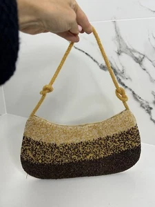 VTG Far Nine Beige Brown beaded Purse Clutch 90’s Neutral Prom HoCo Handmade Y2K - Picture 1 of 5