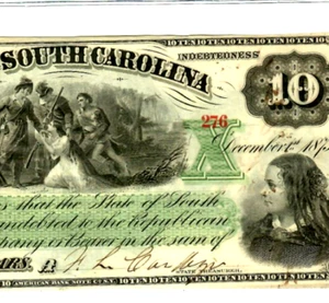 $10 "SOUTH CAROLINA" (GREEN OVERPRINT)"LOW SERIAL"!!" 1800'S $10 UNCIRCULATED!! - Picture 1 of 3