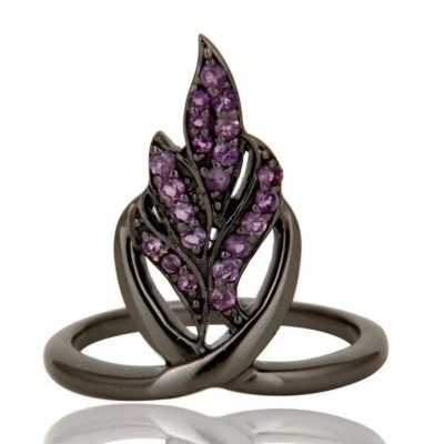 Anillos de diseño de hoja de piedras preciosas amatista de plata 925 rodio negro joyería Foto 1 de 4