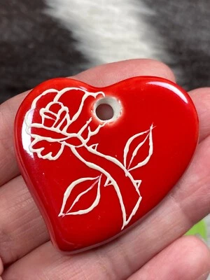 Rose Flower Pendant Heart Ceramic Pendant 1.70" Red Pendant for Jewelry Making - Image 1 of 3