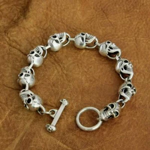 Details 925 Sterling Silver Smile Skulls Bracelet Mens Punk Jewelry TA264C BZ - Picture 1 of 19