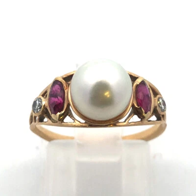 Vintage 14K Yellow Gold Pearl Ruby Diamond Art Deco Style Cocktail Ring - Image 1 of 4