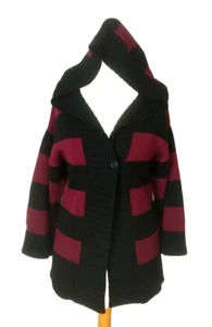 THEORY 100% Cashmere Thick Knit Burgundy Black Striped Hooded Cardigan Sweater S - Picture 1 of 18