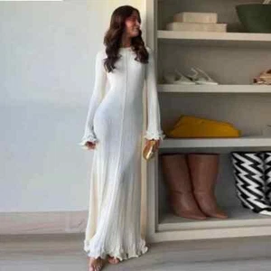Flare Sleeve Round Neck White Maxi Dress Fashion Lace Up Elegant Long Dresses - Bild 1 von 21