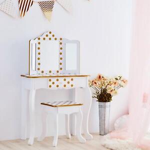 Girls Gold Polka Dot Wooden Vanity Play Set With Tri-Fold Mirror And Bench GIFT