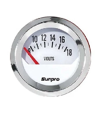 Sunpro 2" Voltmeter 8-18 V White, Chrome Bezel New CP8205 Authorized Distributor - Image 1 of 2