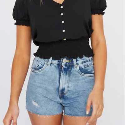 Pantalones Cortos de Jean Chelsea Ultra Alto Tiro Lavado Ácido Dobladillo Crudo Talla 7 Algodón Envejecido Foto 1 de 4